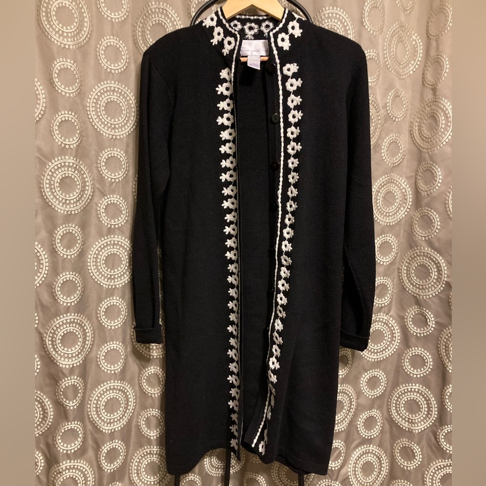 Susan Graver Black Cardigan with White Floral Trim
